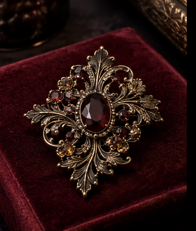 Vintage copper-tone chest ornament with jewel-color details