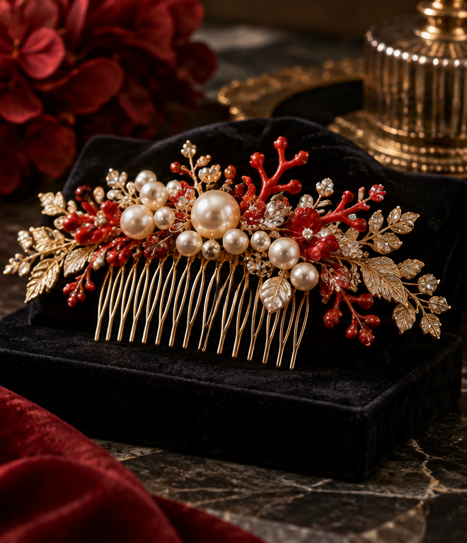 Pearl and coral hair ornament arranged for eveningwear