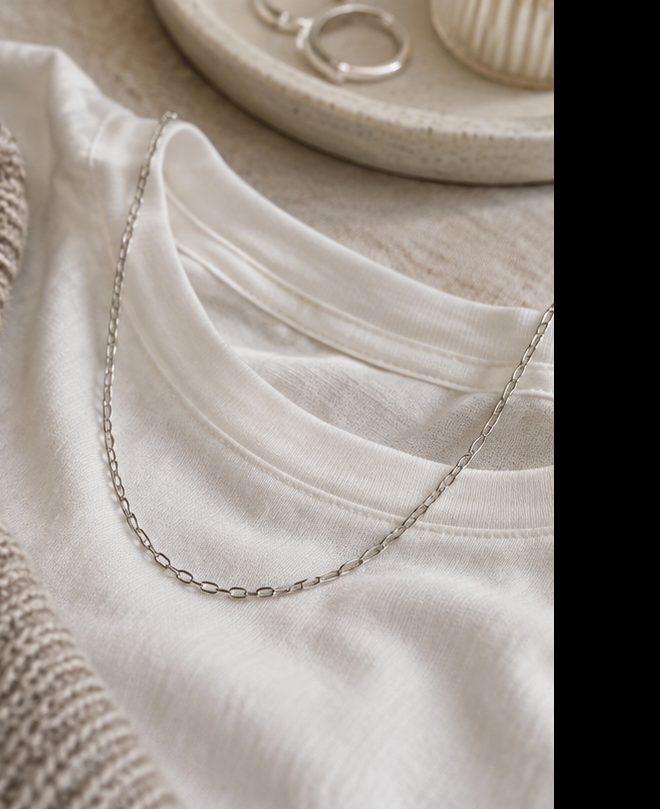 Clean fine necklace styled with a white shirt