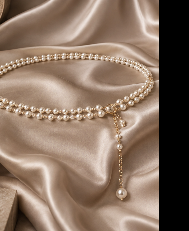 Pearl waist chain arranged on satin evening dress