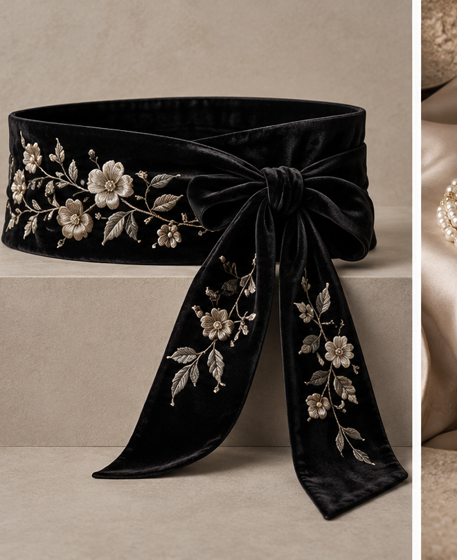 Embroidered velvet waistband for formal eveningwear